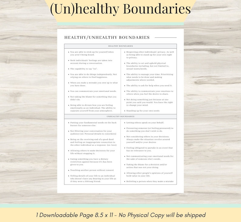 May include: A printable worksheet with a list of healthy and unhealthy boundaries. The worksheet is divided into two columns, one for healthy boundaries and one for unhealthy boundaries. The worksheet is titled "(Un)healthy Boundaries".