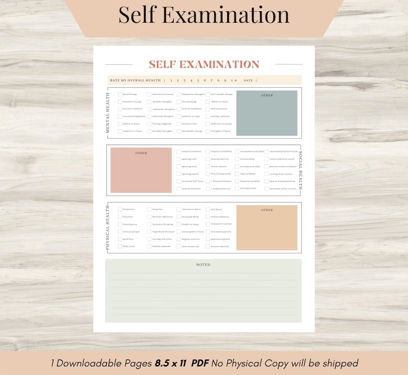 Self Examination, Holistic Check-in, How do you feel, Therapy Journal Worksheets, digital Mental Health Page, Daily self-care, Mental health image 1