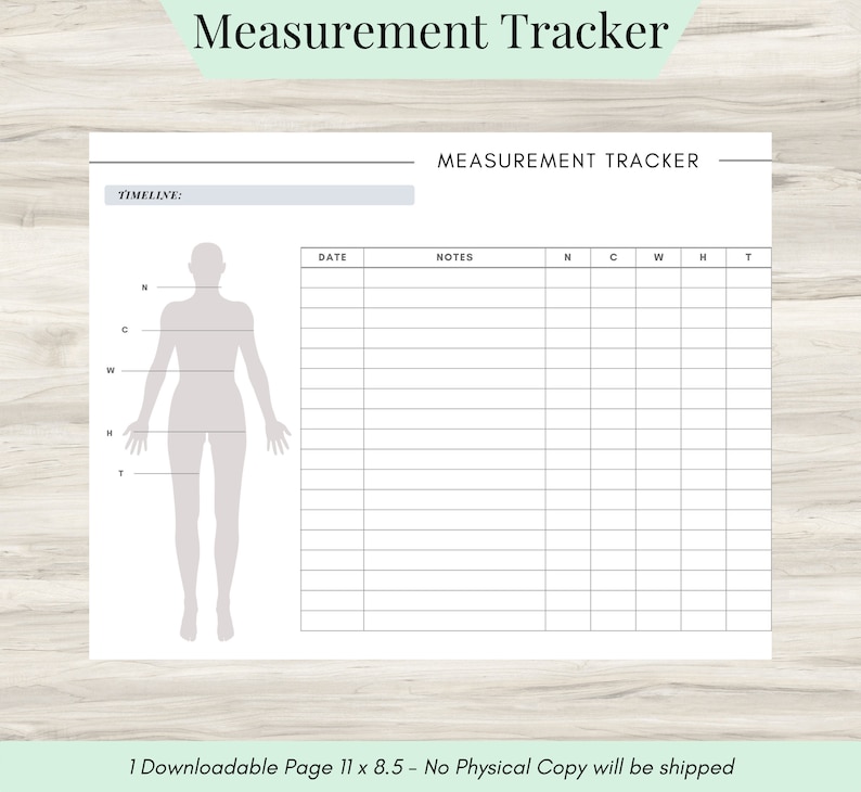 Peut inclure: Suivi des mesures imprimable avec une silhouette d'une personne et un tableau pour enregistrer les mesures, les dates et les notes. Le tableau comporte des colonnes pour le cou, la poitrine, la taille, les hanches et les cuisses.