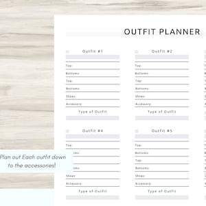 May include: A printable outfit planner with five sections for planning outfits. Each section has spaces to list tops, bottoms, shoes, and accessories. The planner also includes a space to write the type of outfit.