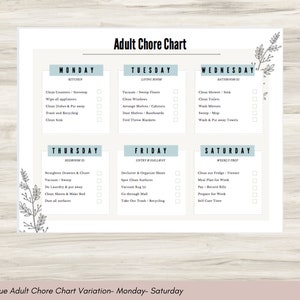 May include: A blue and white printable chore chart with a floral design. The chart is divided into seven days of the week, with a list of chores for each day. The chores include tasks such as cleaning the kitchen, bathroom, bedroom, and living room. The chart also includes tasks for weekly preparation, such as meal planning and paying bills.