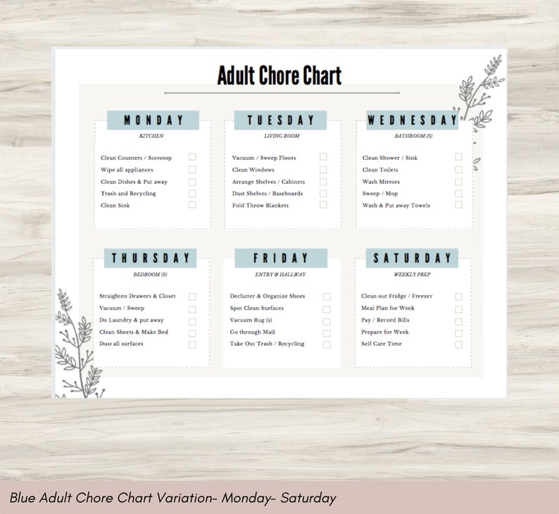 May include: A blue and white printable chore chart with a floral design. The chart is divided into seven days of the week, with a list of chores for each day. The chores include tasks such as cleaning the kitchen, bathroom, bedroom, and living room. The chart also includes tasks for weekly preparation, such as meal planning and paying bills.