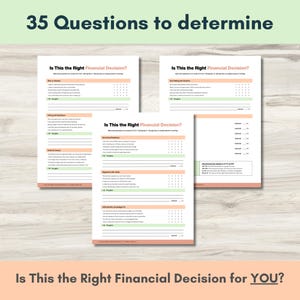 May include: Three white worksheets with the title "Is This the Right Financial Decision?" are stacked on a light-colored surface. The worksheets contain questions and a rating scale. The top of the image reads "35 Questions to determine". The bottom of the image reads "Is This the Right Financial Decision for YOU?"