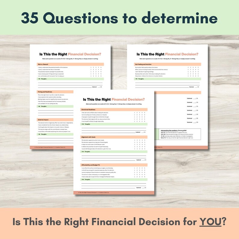 May include: Three white worksheets with the title "Is This the Right Financial Decision?" are stacked on a light-colored surface. The worksheets contain questions and a rating scale. The top of the image reads "35 Questions to determine". The bottom of the image reads "Is This the Right Financial Decision for YOU?"