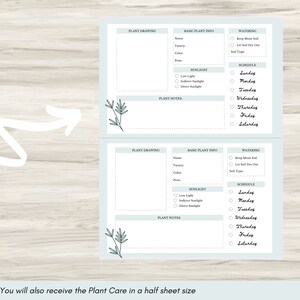May include: Printable plant care journal with sections for plant drawing, basic plant info, watering, sunlight, and schedule. The journal has a light blue background with green plant illustrations.