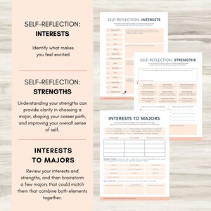 May include: A printable worksheet with a pink and white background. The worksheet is titled "Self-Reflection: Interests" and "Self-Reflection: Strengths". The worksheet is designed to help people identify their interests and strengths and how they can be used to choose a major or career path.