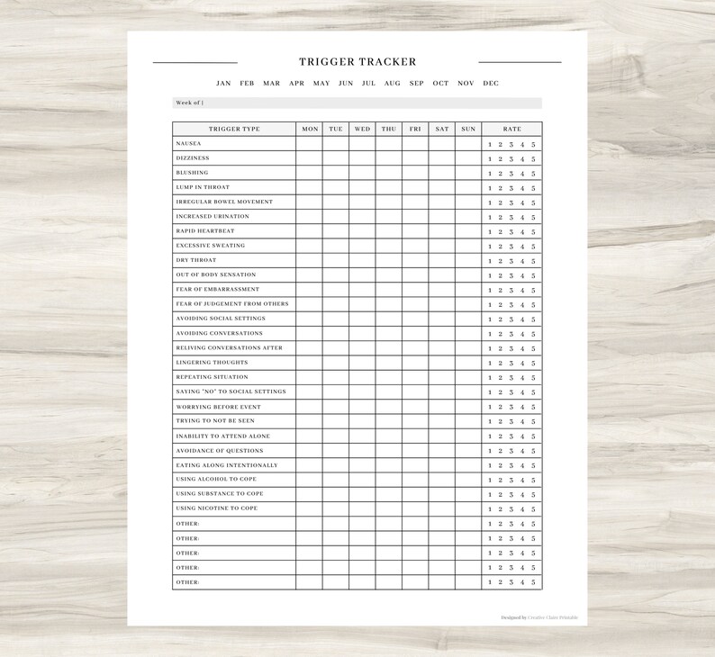 Peut inclure: Un tableau de suivi des d&eacute;clencheurs imprimable avec une liste de d&eacute;clencheurs courants et une &eacute;chelle de notation de 1 &agrave; 5. Le tableau comprend des colonnes pour chaque jour de la semaine et une section pour les notes.