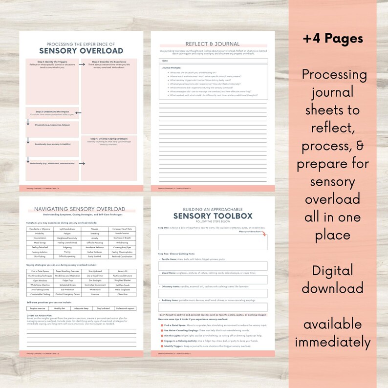 May include: Four printable worksheets for processing sensory overload. The worksheets are titled "Processing the Experience of Sensory Overload", "Reflect & Journal", "Navigating Sensory Overload", and "Building an Approachable Sensory Toolbox". The worksheets are in a pink and white color scheme.