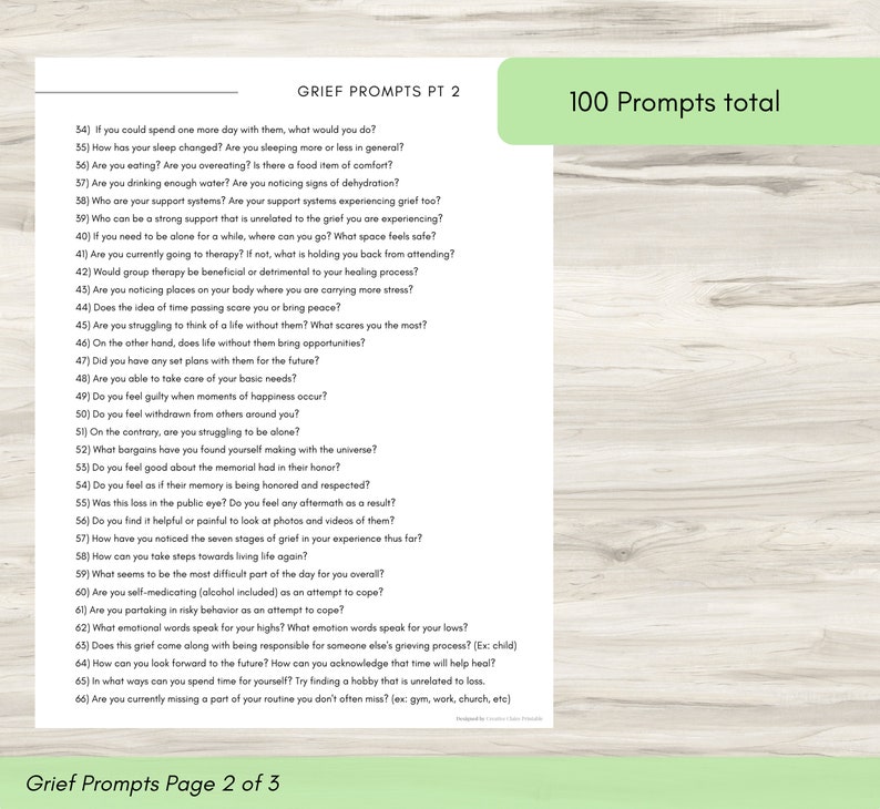 The Grief Journal PDF page two with reflection prompts, providing a space for mindful journaling and encouraging emotional healing.