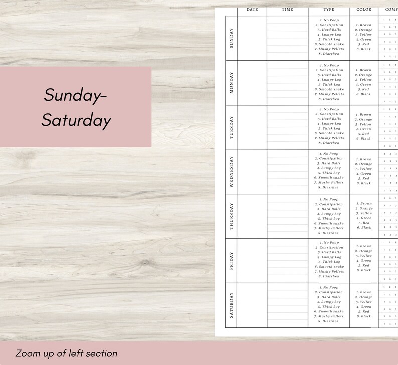May include: A printable chart for tracking bowel movements. The chart includes columns for date, time, type of bowel movement, color, and consistency. The chart is designed to be used for a week, from Sunday to Saturday.