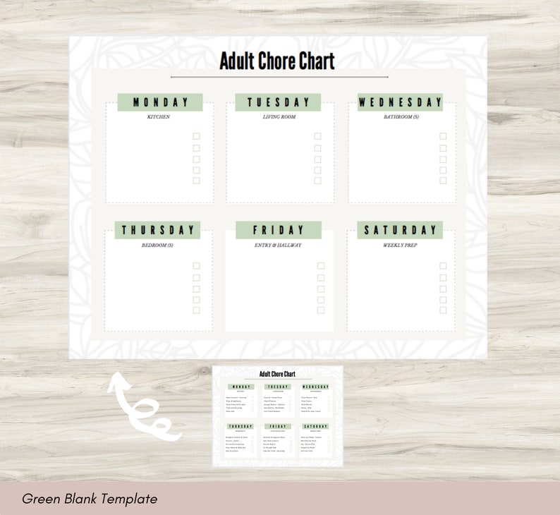 May include: A printable chore chart with a green and white floral design. The chart is divided into seven sections, one for each day of the week. Each section has a title and a list of chores to be completed. The title "Adult Chore Chart" is at the top of the chart.