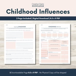 May include: A digital download featuring two 8.5 x 11 inch PDF pages titled Childhood Influences and Exploring Childhood. The worksheets contain black text, lines for writing, and light pink rectangular boxes for notes and drawings.