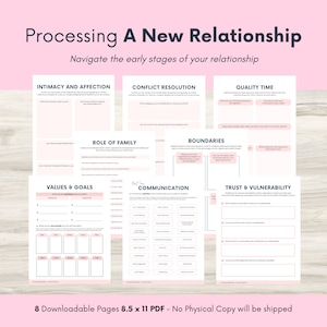 May include: A printable worksheet with pink and white accents, designed to help navigate the early stages of a new relationship. The worksheet includes sections on intimacy and affection, conflict resolution, boundaries, role of family, quality time, values and goals, communication, and trust and vulnerability.