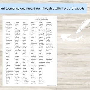 May include: A printable list of moods, with words like "happy", "sad", "angry", "excited", and "peaceful". The list is on a white background with a light blue border. The words are in black text. There is a white arrow pointing to the list, and a white pencil with a black eraser.