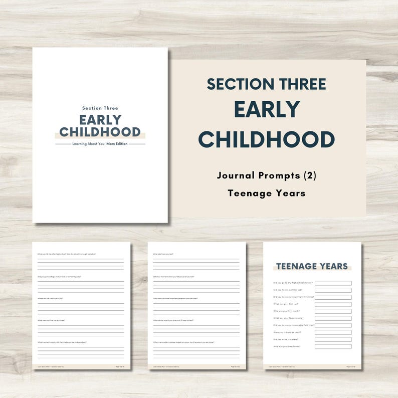 May include: A collection of journal pages and covers. The cover reads "Section Three Early Childhood" in navy blue text. The journal pages include prompts for early childhood and teenage years.