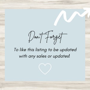Peut inclure: Une carte bleu clair avec une fl&egrave;che blanche pointant vers le haut et le texte "Don't Forget" en &eacute;criture cursive noire. Le texte ci-dessous indique "To like this listing to be updated with any sales or updates!" et un c&oelig;ur blanc se trouve au bas de la carte.