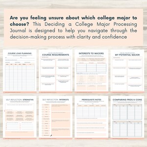 May include: A printable college major decision-making journal with sections for course load planning, course requirements, interests to majors, self-reflection, strengths, interests, prerequisite notes, and comparing pros and cons.