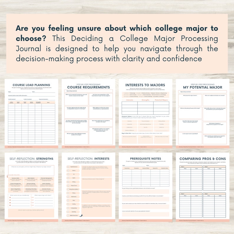 May include: A printable college major decision-making journal with sections for course load planning, course requirements, interests to majors, self-reflection, strengths, interests, prerequisite notes, and comparing pros and cons.