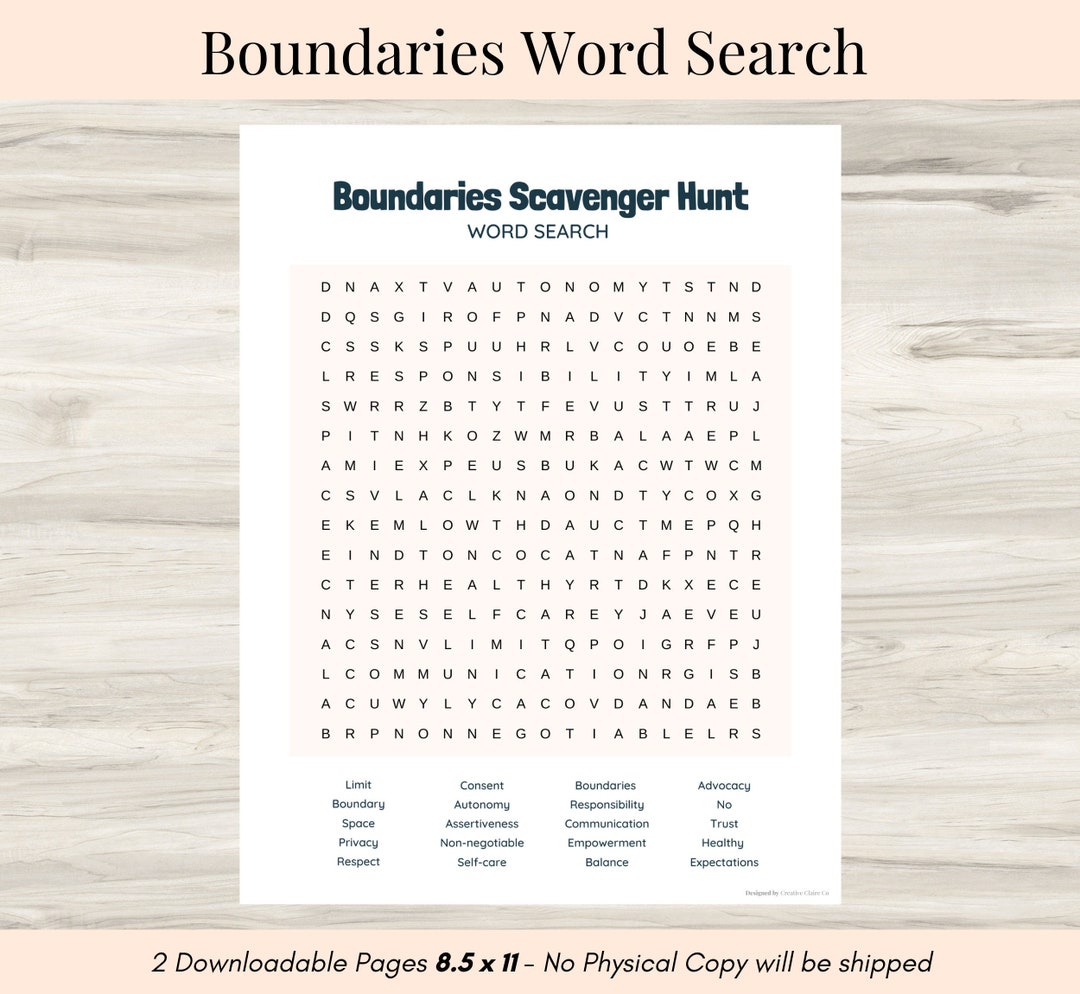 Boundaries Word Search, Therapy Word Search Scavenger Hunt, Therapy