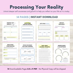 Puede incluir: Un libro de trabajo PDF imprimible con 14 páginas diseñado para ayudarte a procesar tu realidad. El libro de trabajo incluye secciones sobre la identificación de aspectos clave, el desafío de las creencias limitantes, el establecimiento de objetivos, la reflexión regular, el análisis de tu rutina, el enfoque en lo que puedes controlar, las indicaciones del diario para llevar y la atención plena y la aceptación.