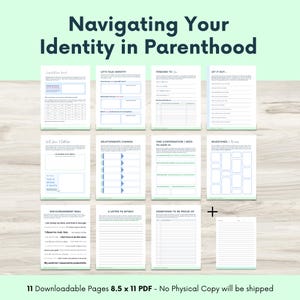 May include: A collection of 11 downloadable PDF pages, 8.5 x 11 inches, with the title "Navigating Your Identity in Parenthood." The pages include prompts for self-reflection, relationship changes, and milestones. No physical copy will be shipped.