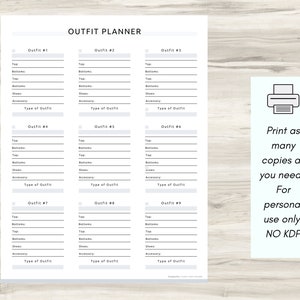 May include: A printable outfit planner with nine sections for listing outfits. Each section has spaces to list the top, bottoms, shoes, and accessories for each outfit. The planner also includes a space to write the type of outfit.