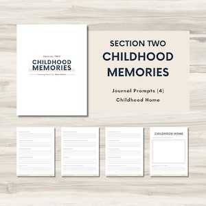May include: A journal with the text "Section Two Childhood Memories" and "Learning About You: Mom Edition." The journal includes prompts and space for writing about childhood memories. The image also shows pages with lines for writing.