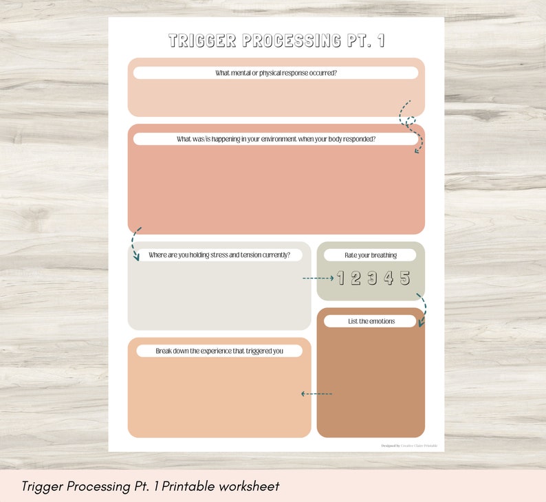 May include: A printable worksheet titled "Trigger Processing Pt. 1" with sections for identifying triggers, physical and mental responses, and breathing and emotion ratings.