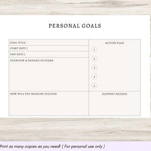 May include: A printable personal goal setting worksheet with sections for goal title, start date, end date, overview and desired outcome, how will you measure success, action plan, and support needed. The worksheet has five numbered steps for the action plan.