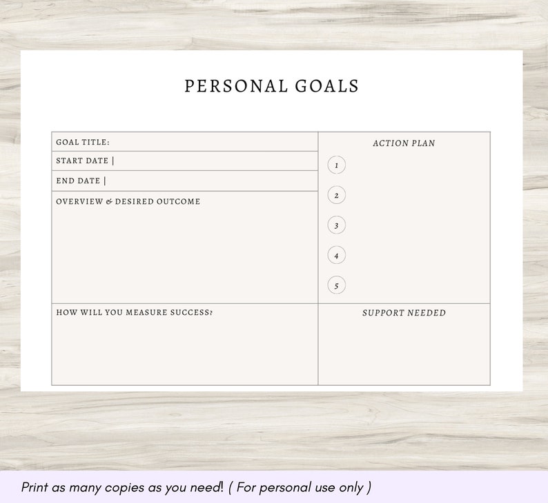May include: A printable personal goal setting worksheet with sections for goal title, start date, end date, overview and desired outcome, how will you measure success, action plan, and support needed. The worksheet has five numbered steps for the action plan.