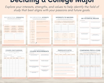 May include: Printable worksheet with eight pages to help students decide on a college major. The worksheet includes sections for self-reflection, interests, strengths, course load planning, course requirements, prerequisite notes, and comparing pros and cons.