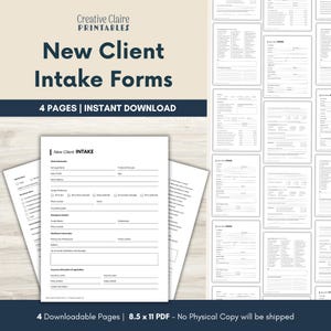 Könnte beinhalten: Druckbare "New Client Intake Forms" von "Creative Claire Printables". Die Formulare sind weiß mit schwarzem Text, mit dem Text "4 PAGES | INSTANT DOWNLOAD". Die Formulare haben eine Größe von 21,6 x 27,9 cm.