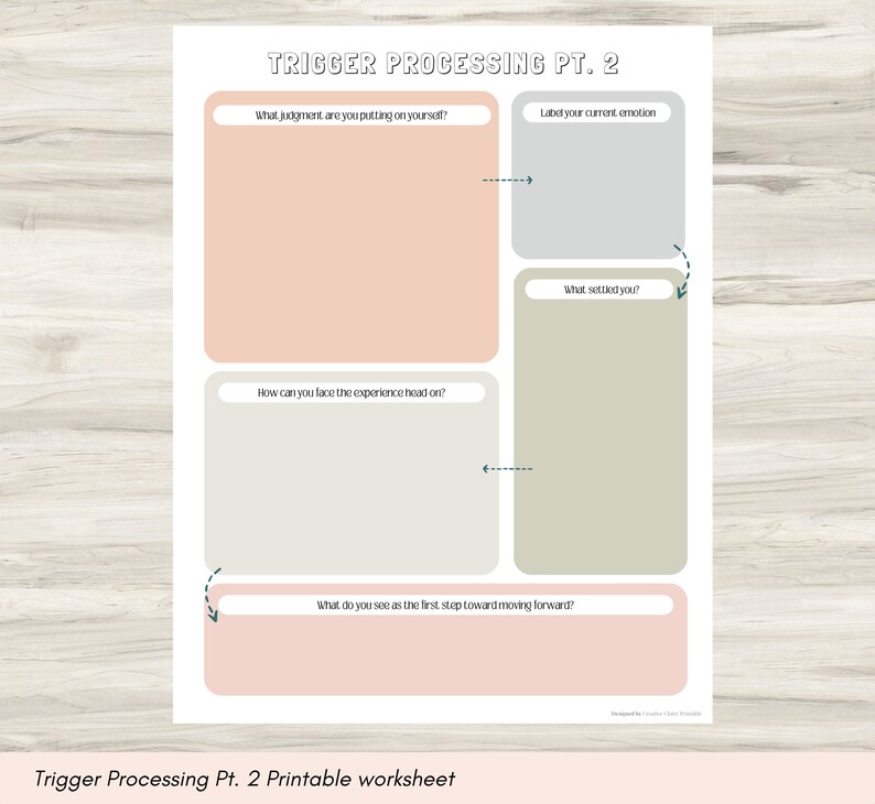 May include: A printable worksheet titled "Trigger Processing Pt. 2" with four boxes for journaling. The boxes are labeled "What judgment are you putting on yourself?", "Label your current emotion", "What settled you?", and "How can you face the experience head on?" There is a fifth box at the bottom labeled "What do you see as the first step toward moving forward?"
