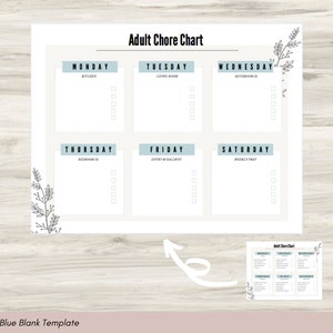 May include: A printable chore chart with a blue and white color scheme. The chart is divided into seven sections, one for each day of the week. Each section has a title and a list of chores to be completed. The chart is designed to help people stay organized and on top of their household tasks.