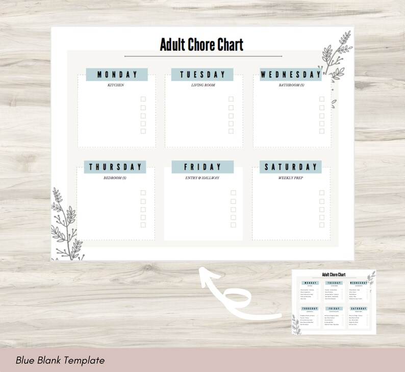 May include: A printable chore chart with a blue and white color scheme. The chart is divided into seven sections, one for each day of the week. Each section has a title and a list of chores to be completed. The chart is designed to help people stay organized and on top of their household tasks.