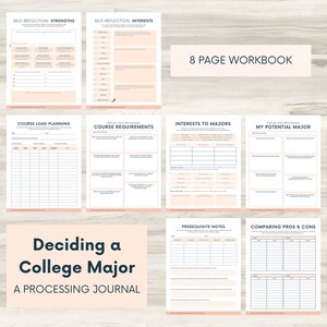 May include: An 8-page workbook titled "Deciding a College Major: A Processing Journal" with worksheets for self-reflection, course planning, and comparing pros and cons of different majors.
