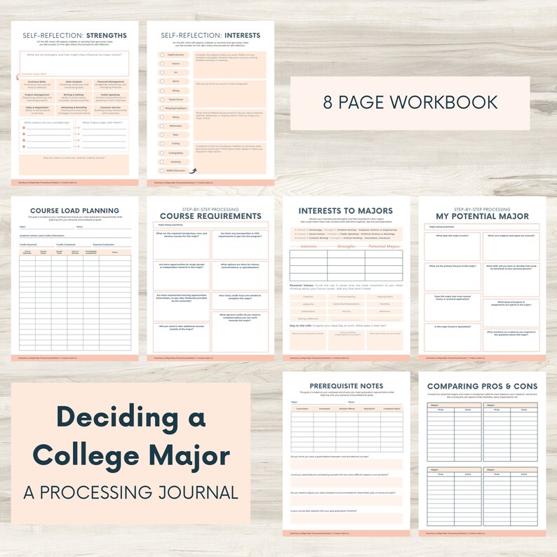 May include: An 8-page workbook titled "Deciding a College Major: A Processing Journal" with worksheets for self-reflection, course planning, and comparing pros and cons of different majors.
