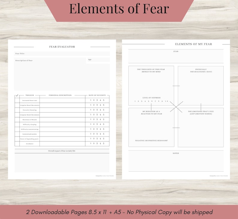 May include: Two printable pages with a worksheet titled "Fear Evaluator" and a chart titled "Elements of My Fear". The worksheet helps you identify and rate your fears. The chart helps you analyze your fear by identifying the thoughts, emotions, and behaviors associated with it.