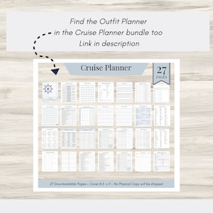 May include: A printable cruise planner with 27 pages, including a packing list, a schedule, and a budget tracker. The cover features a nautical wheel and the text "Cruise Planner".