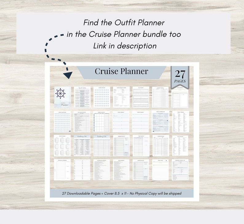 May include: A printable cruise planner with 27 pages, including a packing list, a schedule, and a budget tracker. The cover features a nautical wheel and the text "Cruise Planner".