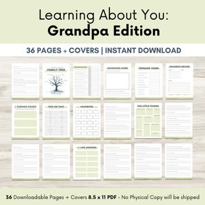 Puede incluir: Una descarga digital titulada "Learning About You: Grandpa Edition". La portada presenta el título en negro y el subtítulo "36 PAGES + COVERS | INSTANT DOWNLOAD". En el interior hay páginas con indicaciones como "Family Tree" y "Favorite Recipe". Las páginas miden 21,59 x 27,94 cm.