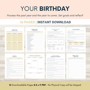 May include: A printable PDF workbook with 16 pages for reflecting on the past year and setting goals for the year ahead. The workbook includes sections for reflecting on the past year, setting personal growth goals, creating a vision board, and writing a letter to your future self.