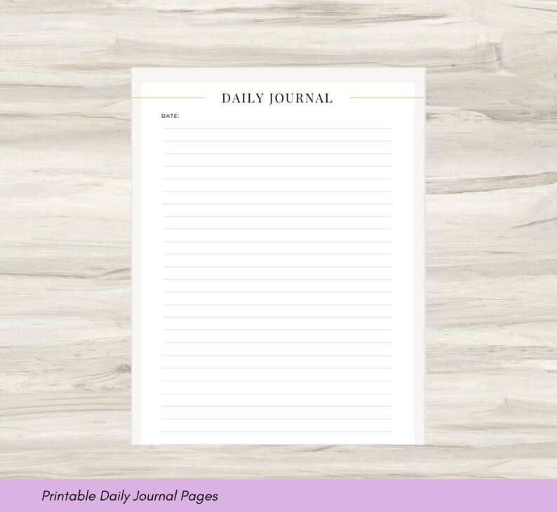 以下が含まれることがあります： 「DAILY JOURNAL」というタイトルとページ上部に「DATE:」という単語が書かれた、印刷可能な毎日のジャーナルページです。