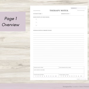 May include: A printable therapy notes page with sections for patient name, session date, main points of discussion, session notes and observations, session date and time, next session date and time, safeguarding concerns, and patient mood before and after the session. The page includes a mood scale from 1 to 10.