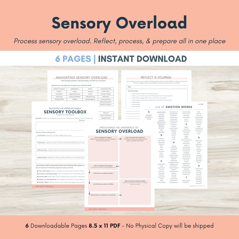 May include: A printable worksheet set for processing sensory overload. The set includes six pages with titles like "Navigating Sensory Overload", "Building an Approachable Sensory Toolbox", "Processing the Experience of Sensory Overload", and "Reflect & Journal". The worksheets are designed to help individuals understand and manage sensory overload.