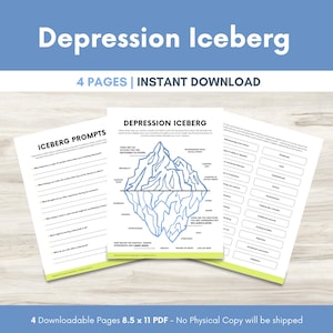 May include: A set of four printable pages with the title "Depression Iceberg" in a light blue header. The pages include prompts, an iceberg diagram, and a list of symptoms. The text "4 PAGES | INSTANT DOWNLOAD" is also visible.