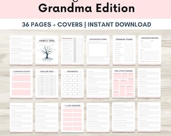 May include: A digital download titled "Learning About You: Grandma Edition." The image displays 16 pages with prompts like "Family Tree" and "Favorite Recipe." The pages are light pink and white, with the text "36 PAGES + COVERS | INSTANT DOWNLOAD."