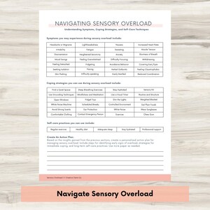May include: A printable worksheet with a pink and white border titled "Navigating Sensory Overload". The worksheet includes information about sensory overload symptoms, coping strategies, and self-care techniques. The worksheet also includes a section for creating a personalized action plan for managing sensory overload.