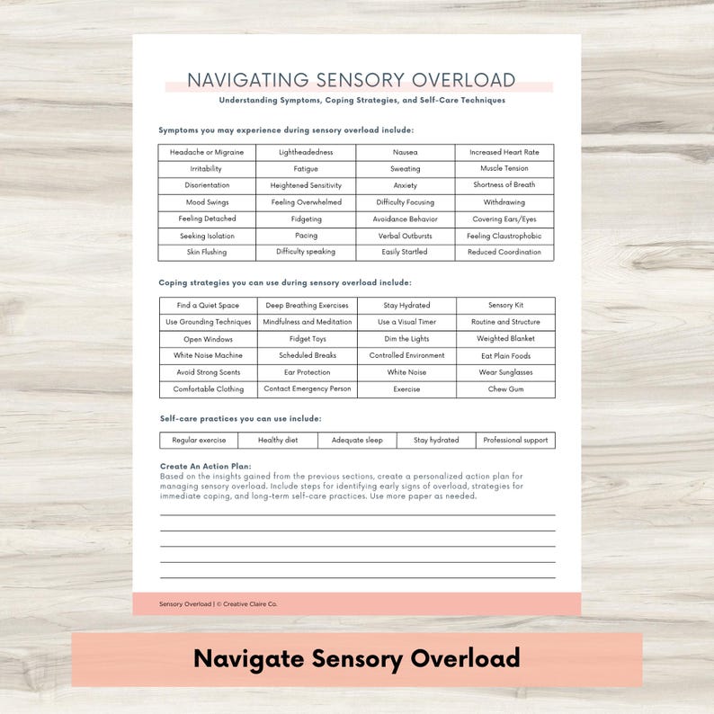 May include: A printable worksheet with a pink and white border titled "Navigating Sensory Overload". The worksheet includes information about sensory overload symptoms, coping strategies, and self-care techniques. The worksheet also includes a section for creating a personalized action plan for managing sensory overload.