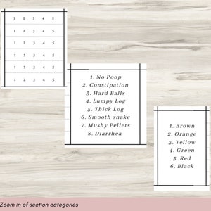 May include: A chart with two columns. The left column has a list of poop consistency categories, including "No Poop", "Constipation", "Hard Balls", "Lumpy Log", "Thick Log", "Smooth Snake", "Mushy Pellets", and "Diarrhea". The right column has a list of poop color categories, including "Brown", "Orange", "Yellow", "Green", "Red", and "Black".